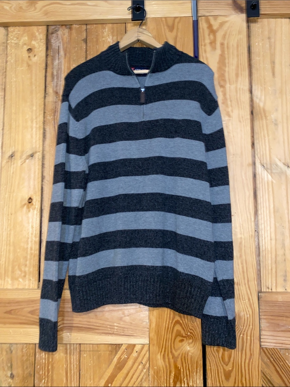 Chaps Men's Black and Gray Striped Zip-Front Sweater